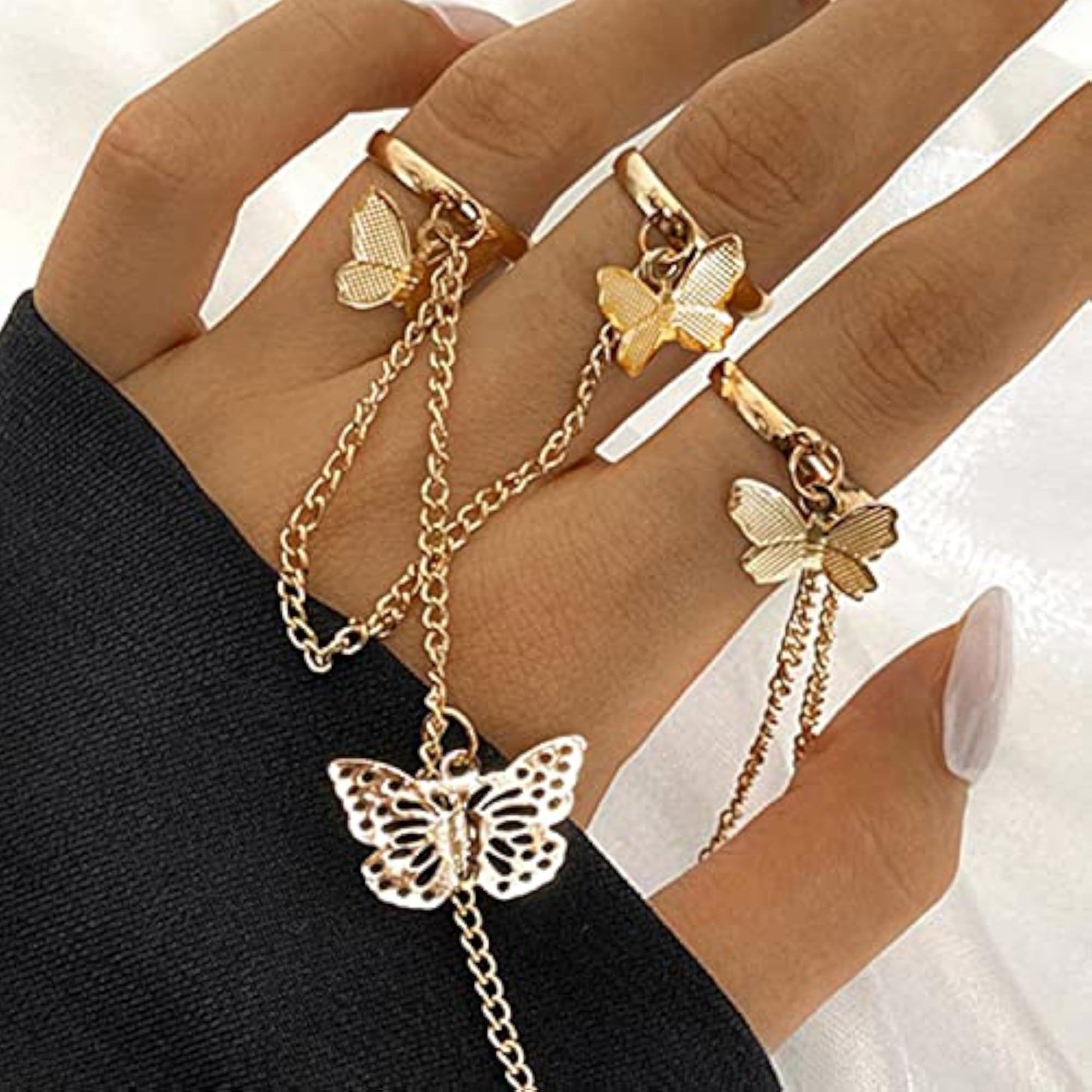 Butterfly Chain Rings Set Plated Toned